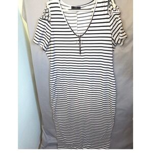 Vibe Sportswear Womens 2X Striped Cold Shoulder Maxi Dress Zipper V-Neck Black